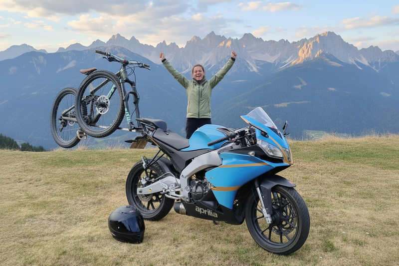 Aprilia with mountain bike and helmet on floor