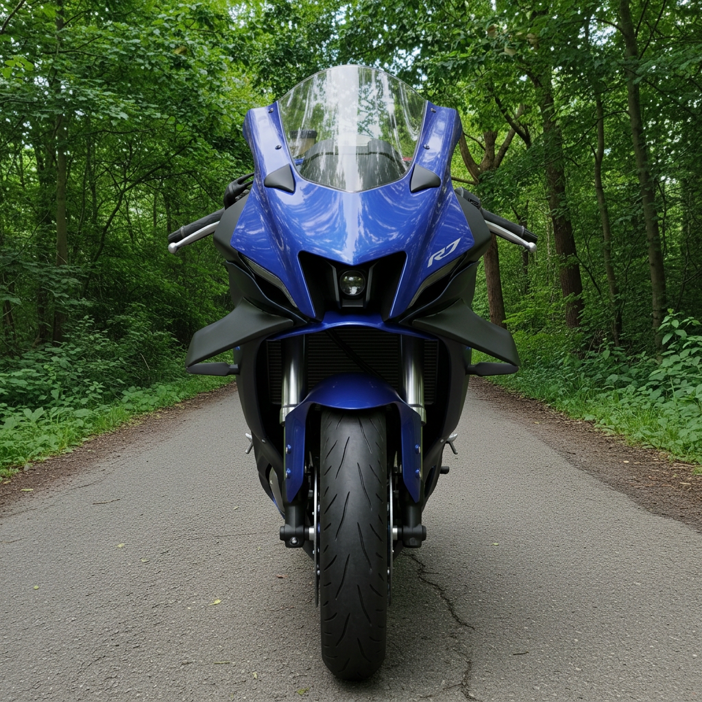 Front view of Yamaha R7 WingAero winglets on a forest lane