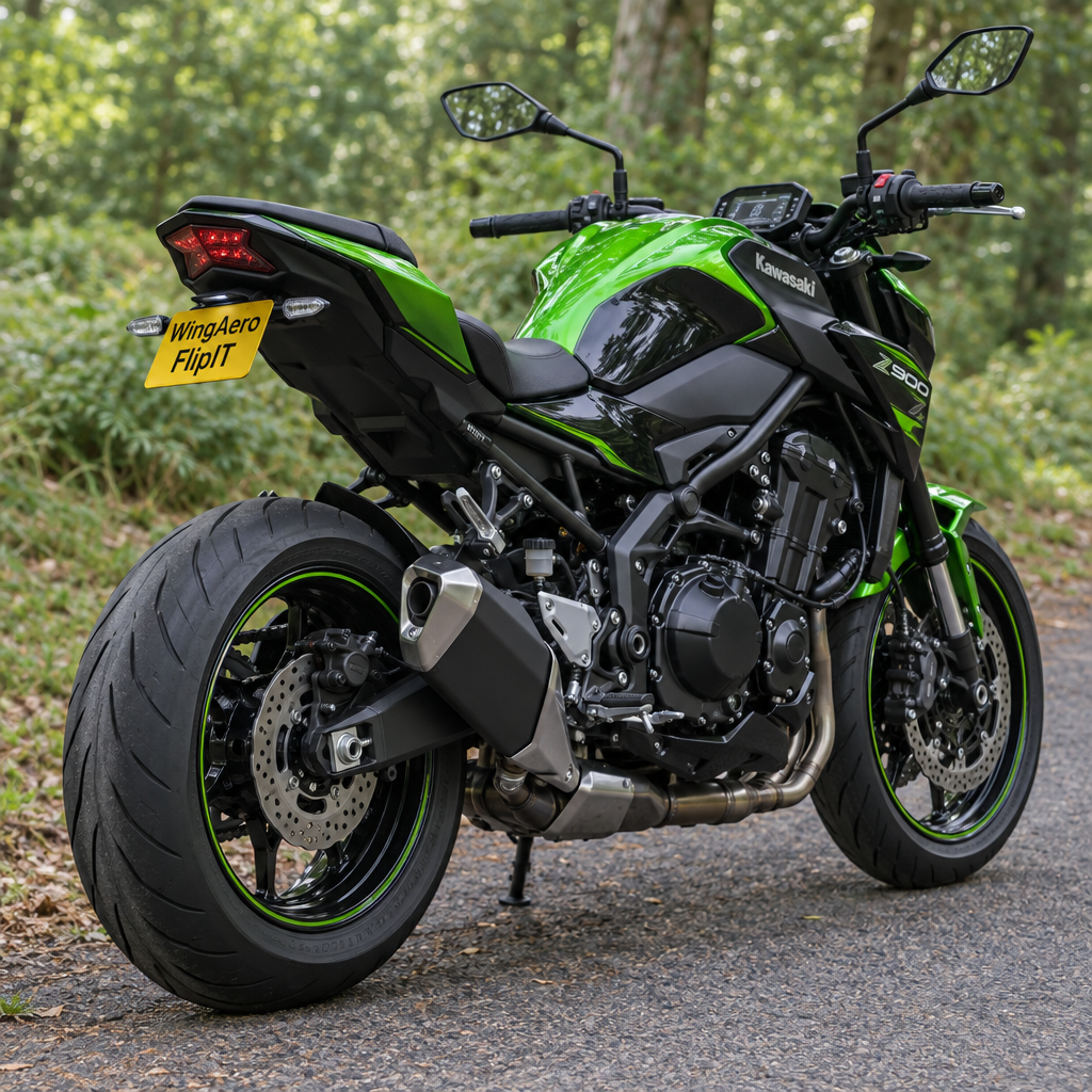 Generated concept image of a Kawasaki Z900 with a compact tail tidy and WingAero FlipIT plate, outdoor rear three-quarter view