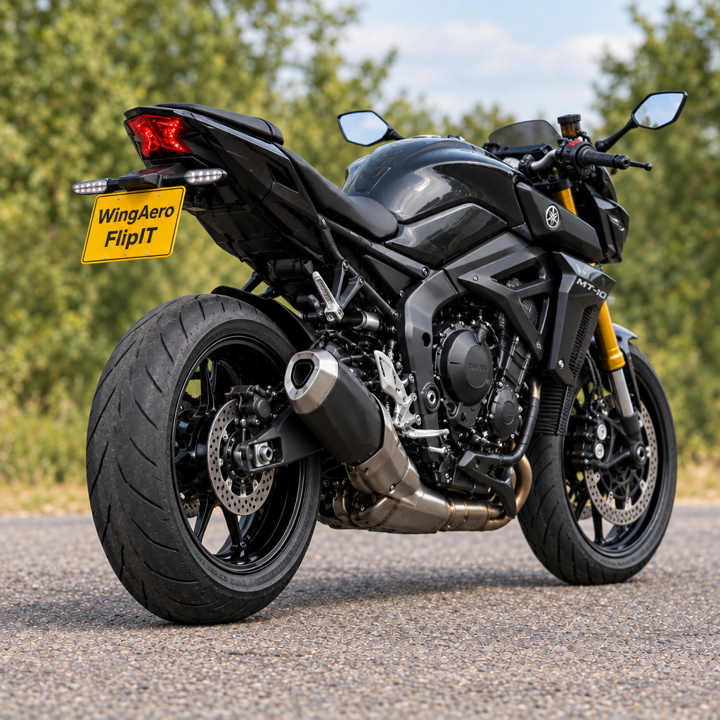 Yamaha MT-10 with WingAero FlipIT motorised number plate bracket, outdoor rear three-quarter view