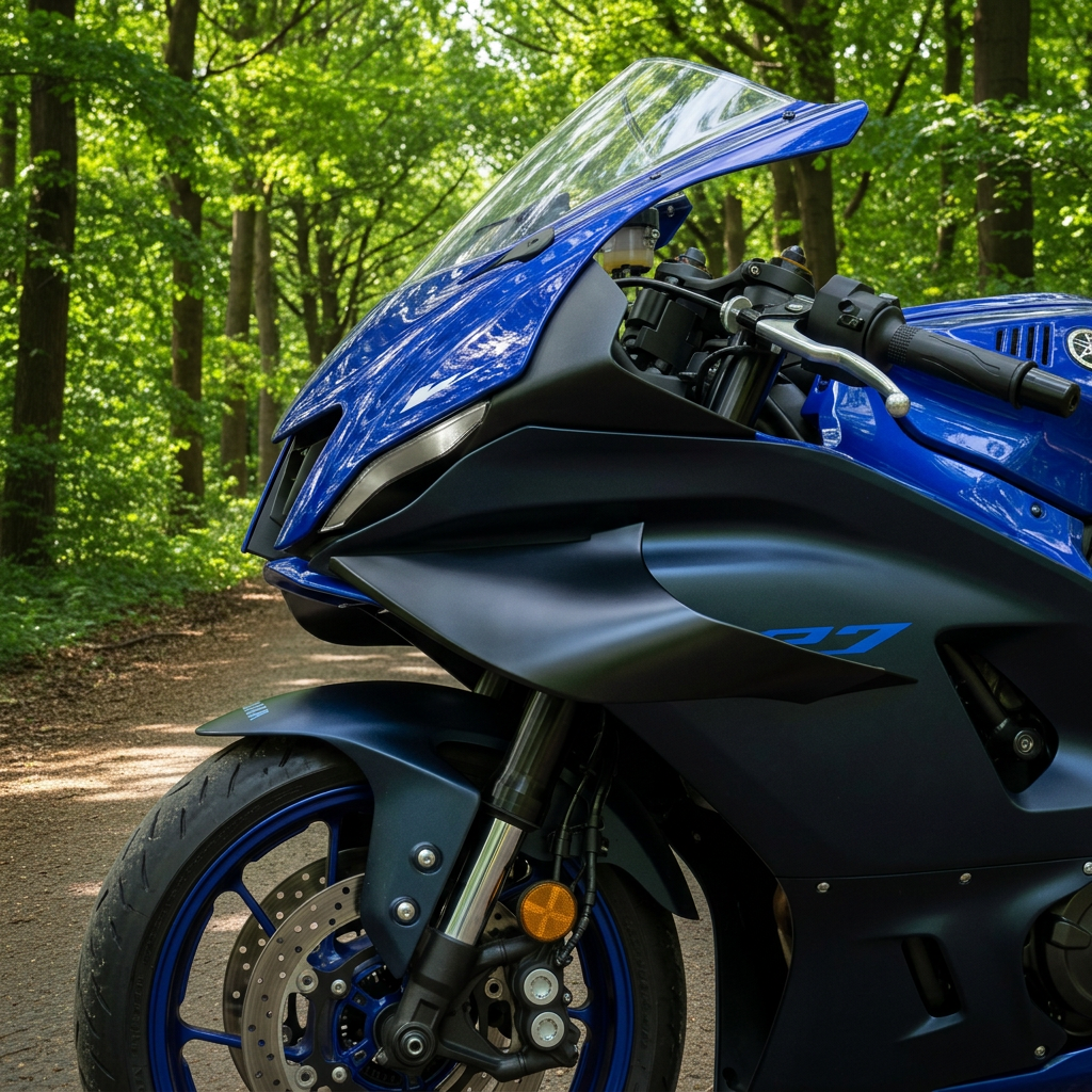 Close-up of black WingAero Yamaha R7 winglet against blue fairing