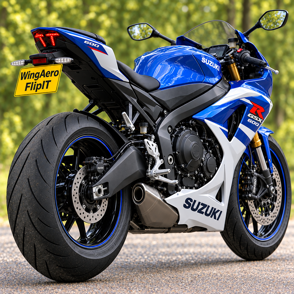 2025 Suzuki GSX-R600 close-up rear three-quarter view with a tidy tail and WingAero FlipIT plate
