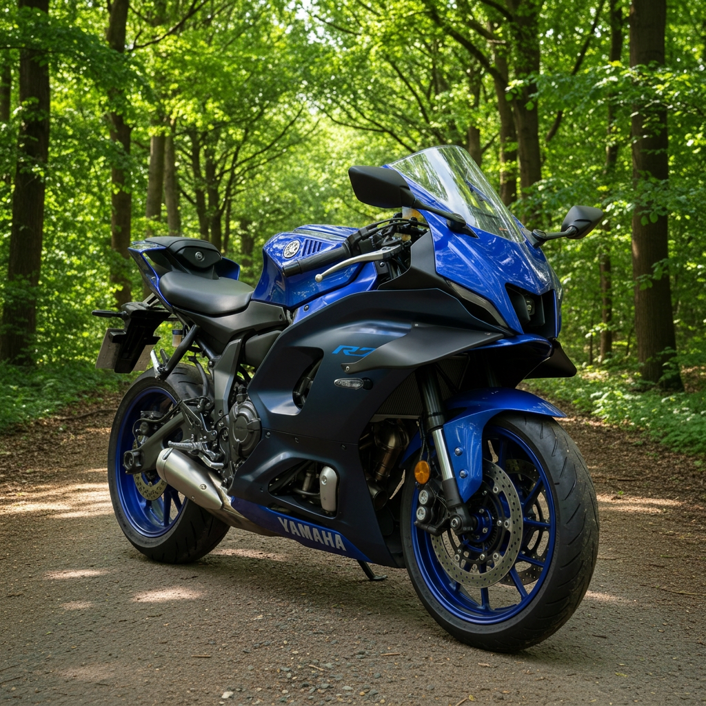 Blue Yamaha R7 with WingAero winglets, three-quarter forest view