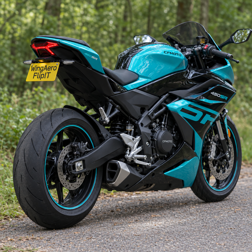 Generated concept image of a CFMOTO 450SR in an outdoor rear three-quarter view with WingAero FlipIT plate
