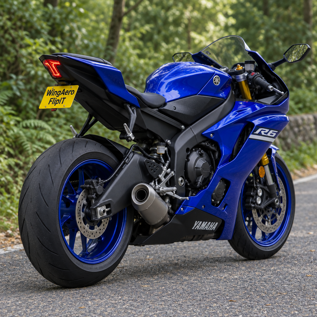 Generated concept image of a Yamaha YZF-R6 with a compact tail tidy and WingAero FlipIT plate, outdoor rear three-quarter view