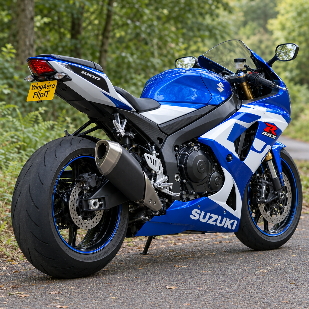 Generated concept image of a Suzuki GSX-R1000 with compact tail tidy and WingAero FlipIT plate, outdoor rear three-quarter view