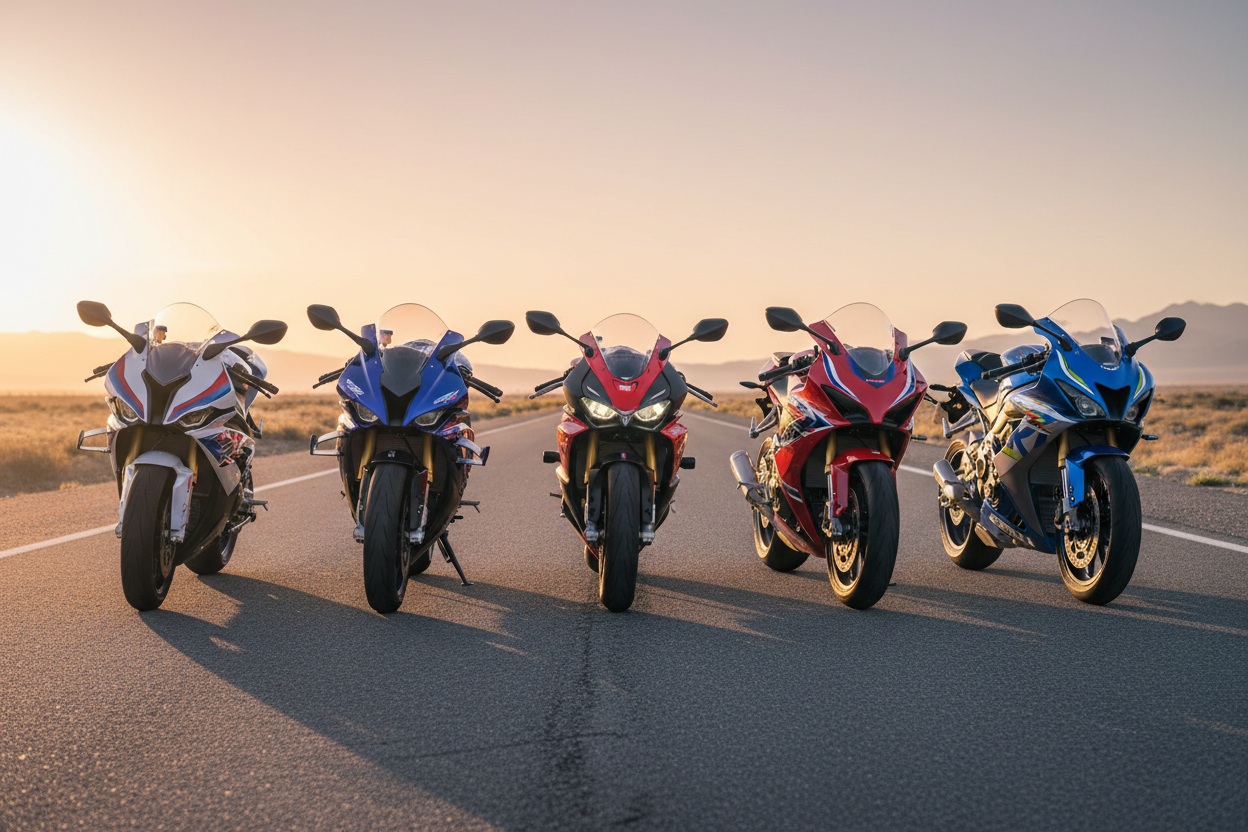 Sport bikes lineup on open road