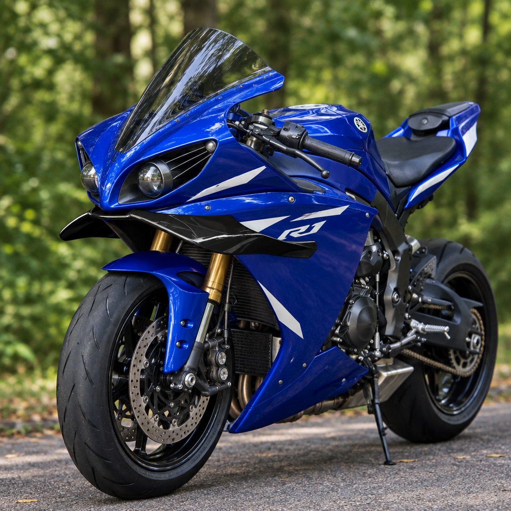 Yamaha R1 first three-quarter view with black winglets in woodland