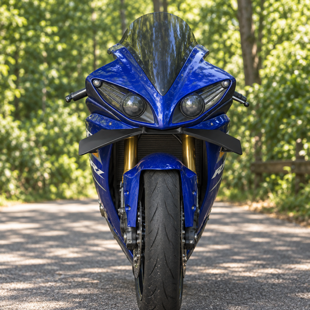 Yamaha R1 front view in warm woodland lighting