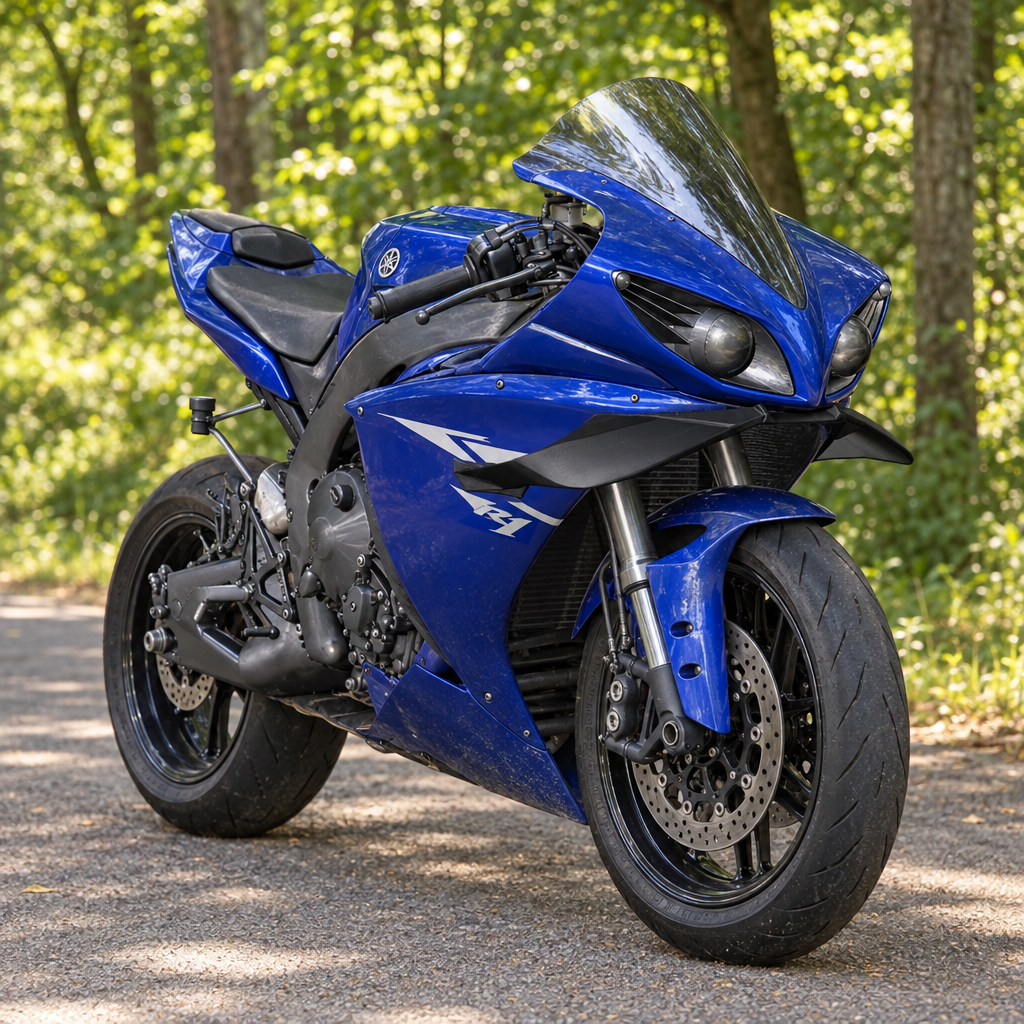 Yamaha R1 opposite three-quarter view in warm woodland lighting