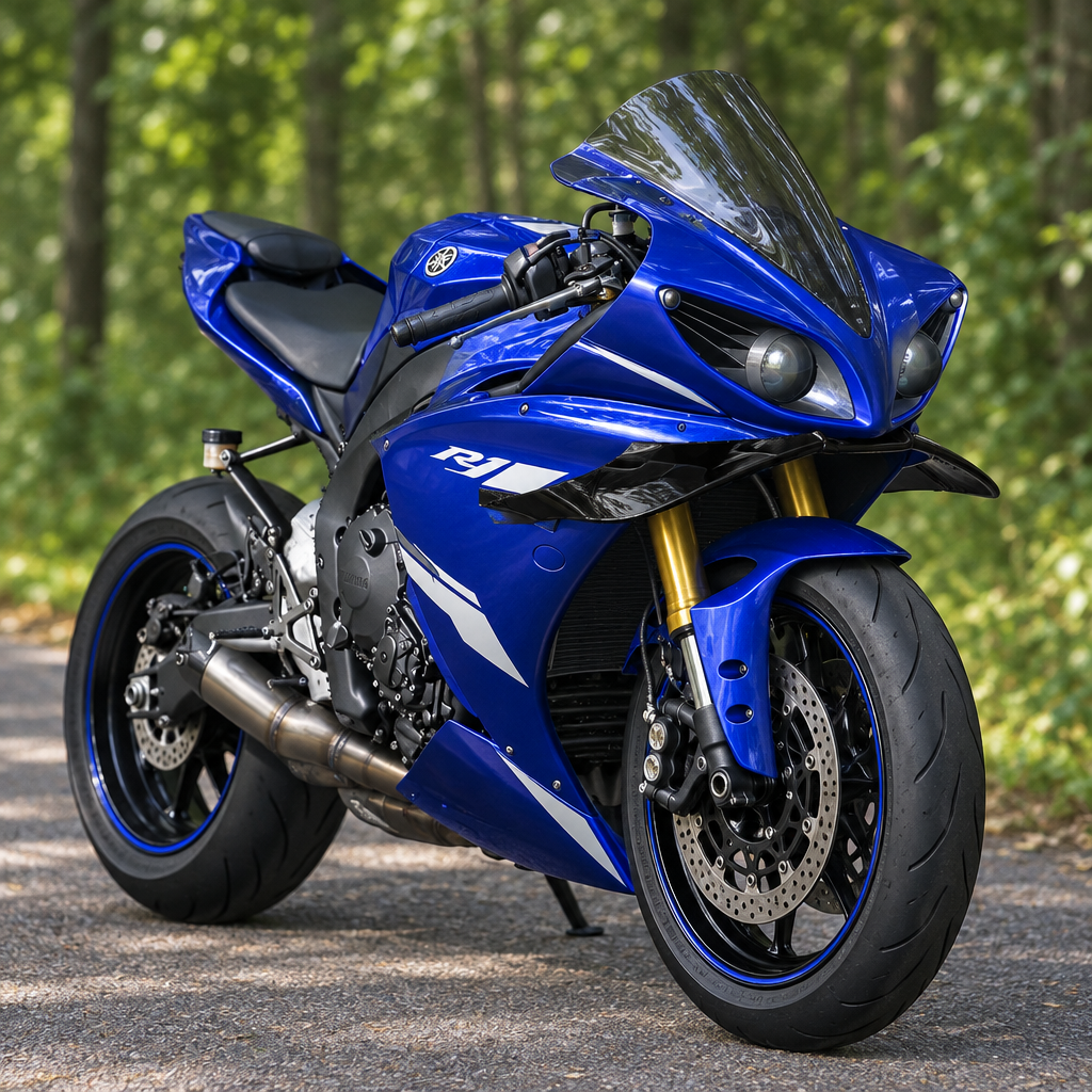 Yamaha R1 opposite three-quarter view with black winglets in woodland