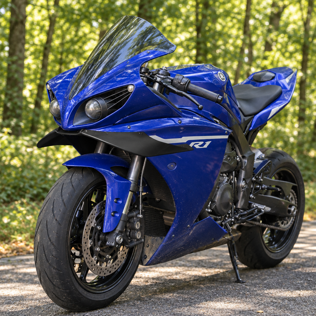 Yamaha R1 three-quarter view in warm woodland lighting